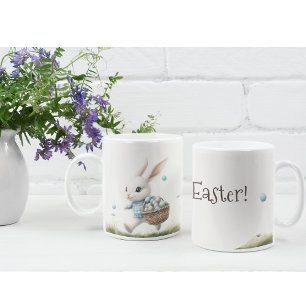 Happy easter, easter bunny walking with eggs   coffee mug