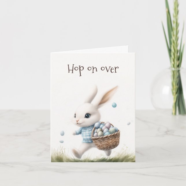 Happy easter, easter bunny walking with eggs   invitation (Front)