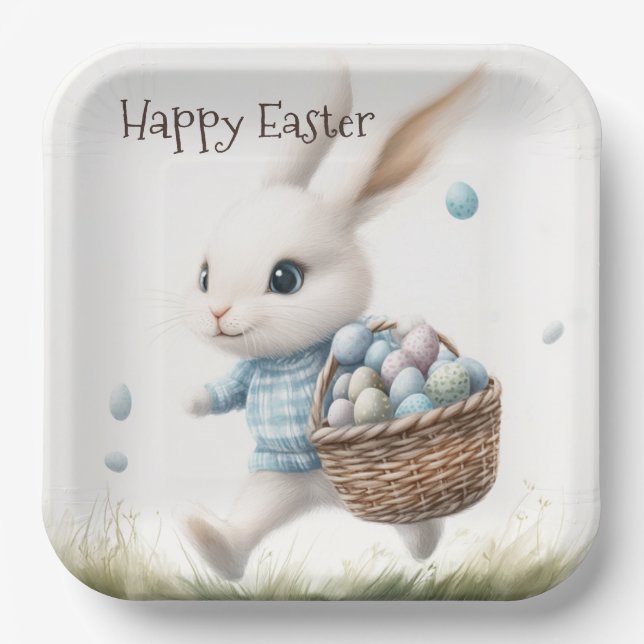 Happy easter, easter bunny walking with eggs   paper plate (Front)