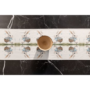 Happy easter, easter bunny walking with eggs   short table runner