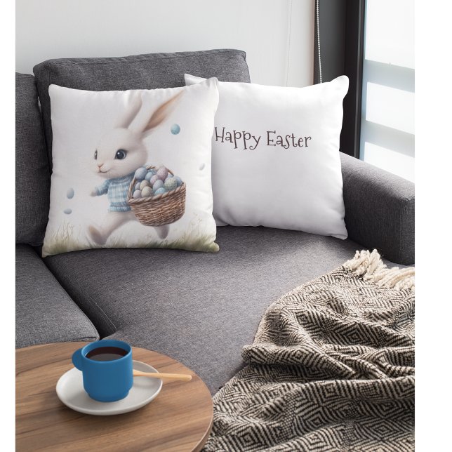 Happy easter, easter bunny walking with eggs   throw pillow (Creator Uploaded)