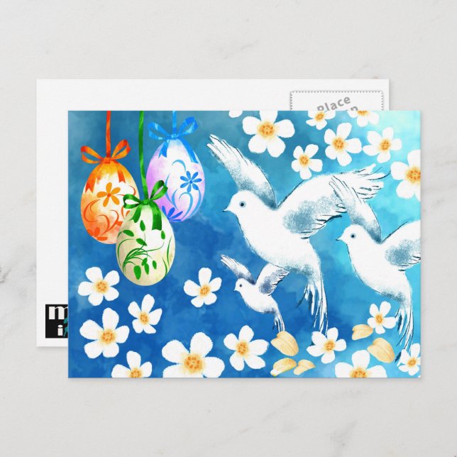 Happy Easter. Easter Eggs and Peace Doves Painting Holiday Postcard (Front/Back)