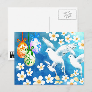 Happy Easter. Easter Eggs and Peace Doves Painting Holiday Postcard
