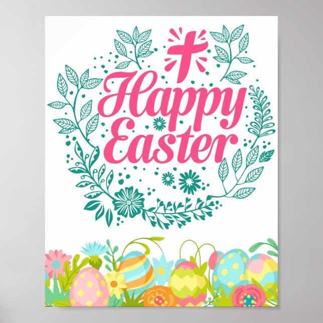 Happy Easter Easter Eggs Wishes Beautiful Flowers Poster (Front)