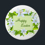 Happy Easter, Easter Lilies 3 Inch Round Button<br><div class="desc">Happy Easter Greetings surrounded by Pretty Easter Lilies</div>