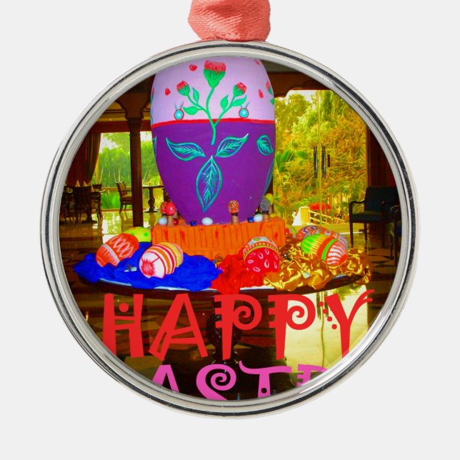 Happy Easter Egg Centerpiece for Spring Metal Ornament (Front)