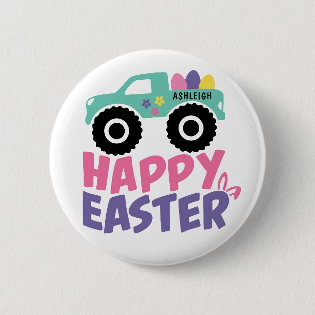 Happy Easter Egg Girly Truck Modern 2 Inch Round Button (Front)