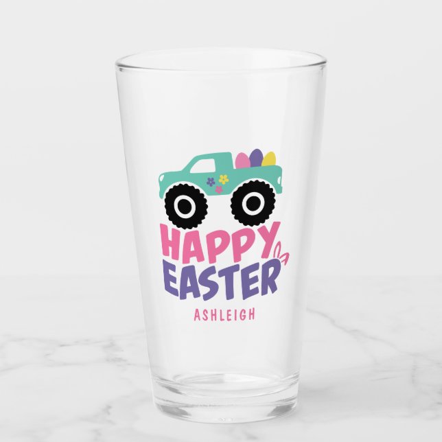 Happy Easter Egg Girly Truck Modern Name Glass (Front)