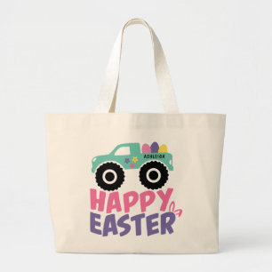 Happy Easter Egg Girly Truck Modern Name Large Tote Bag