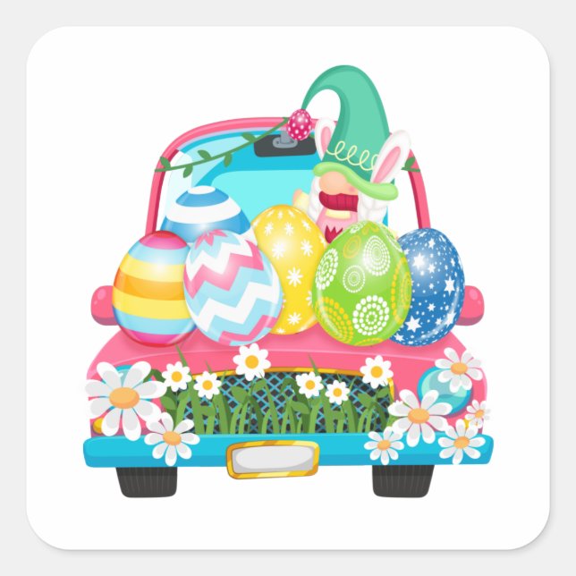 Happy Easter Egg Gnomes Bunny Truck Square Sticker (Front)