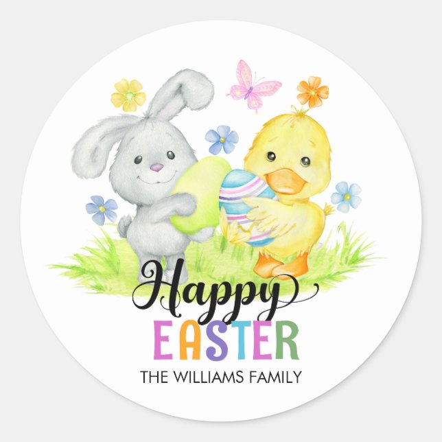 Happy Easter Egg Hunt Cute Bunny & Chick  Classic Round Sticker (Front)