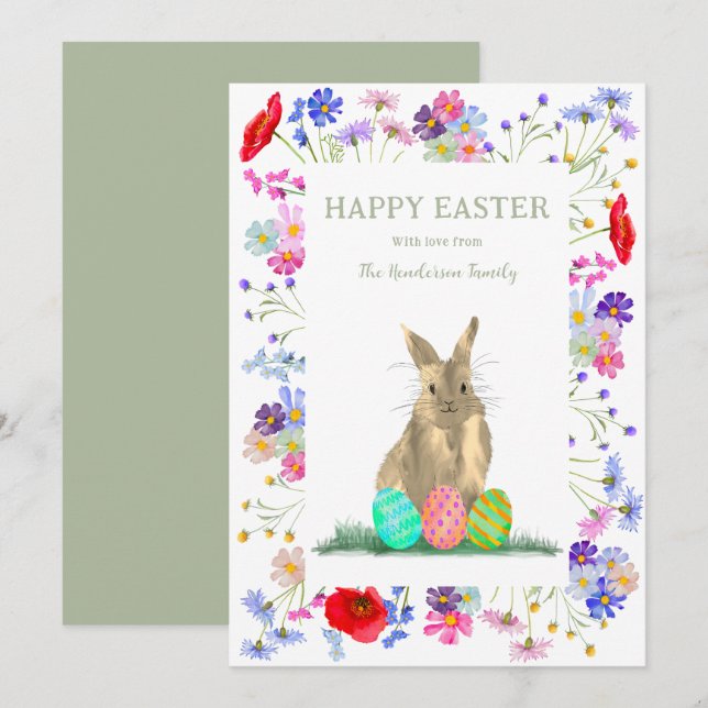 Happy Easter Eggs and Cute Bunny Floral Holiday Card (Front/Back)