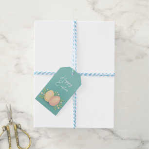 Happy Easter eggs and flowers soft blue  Gift Tags