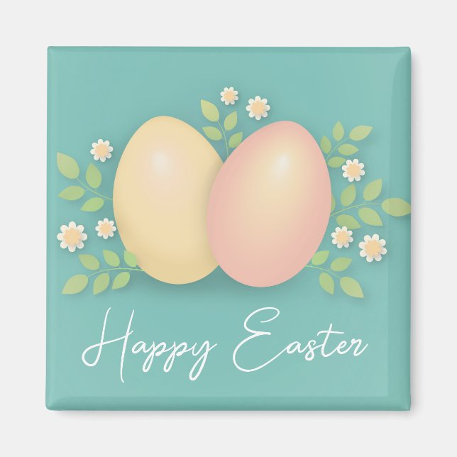 Happy Easter eggs and flowers soft blue pink Magnet (Front)