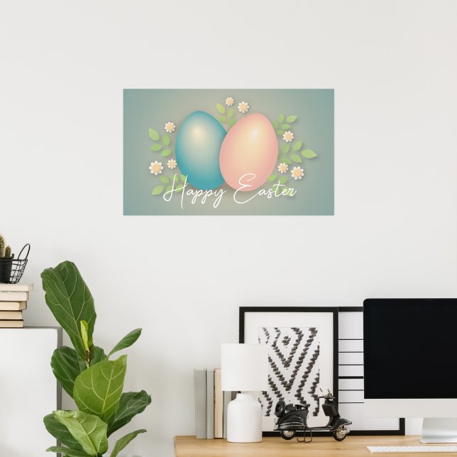 Happy Easter eggs and spring flowers baby blue Poster (Home Office)