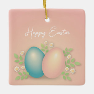 Happy easter eggs and spring flowers  ceramic ornament
