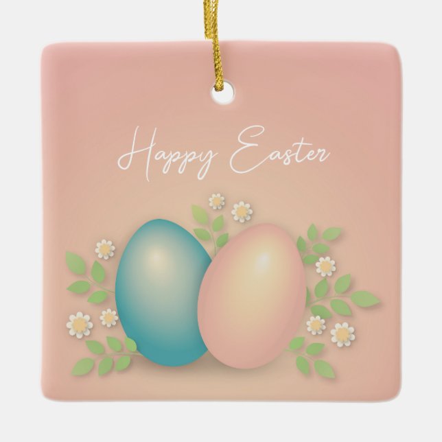 Happy easter eggs and spring flowers  ceramic ornament (Front)