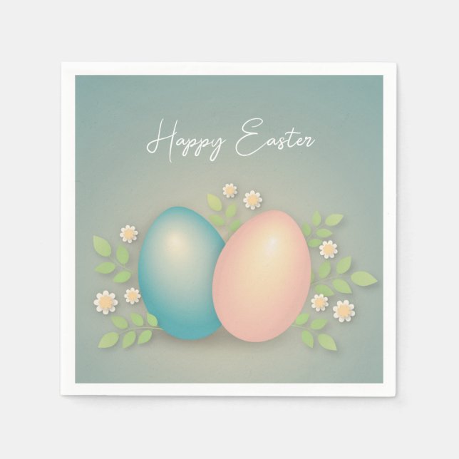 Happy Easter eggs and spring flowers soft blu Napkin (Front)