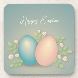 Happy Easter eggs and spring flowers soft blue Coaster