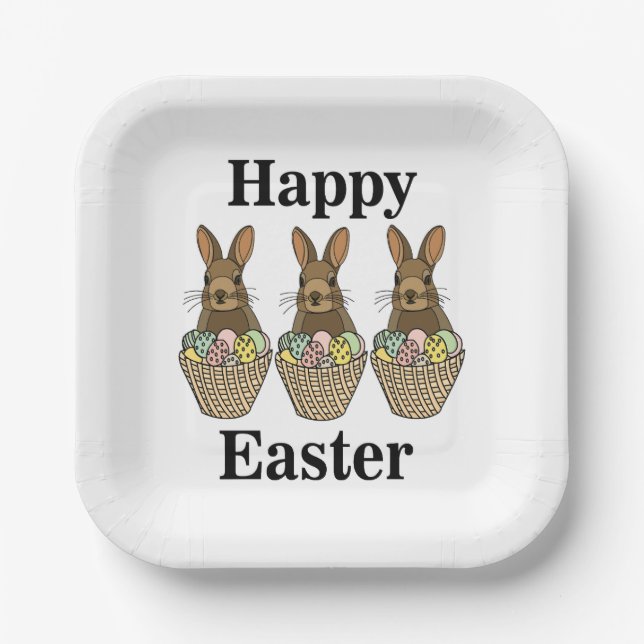Happy Easter Eggs Basket Bunny Happy Easter Party Paper Plate (Front)