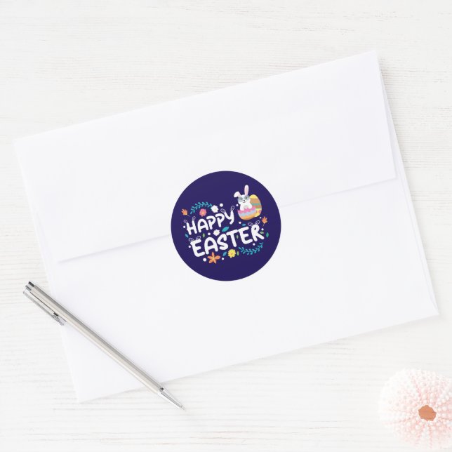 Happy Easter, Eggs, Bunny & Flowers Classic Round Sticker (Envelope)