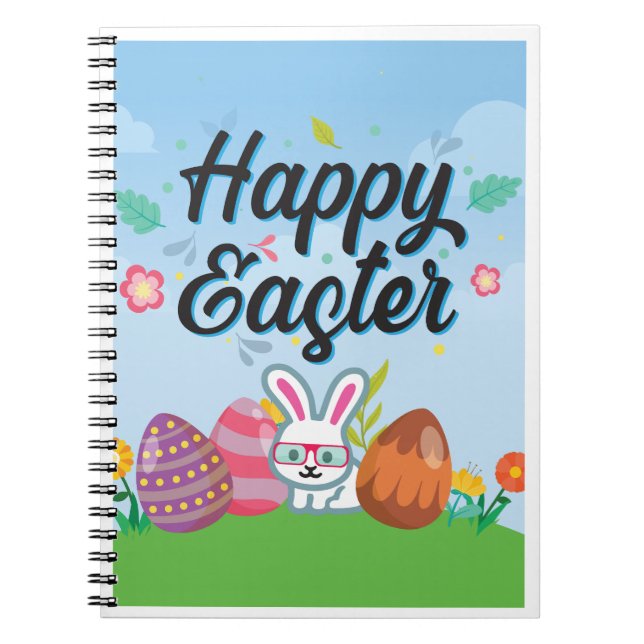 Happy Easter Eggs Bunny & Flowers Notebook (Front)