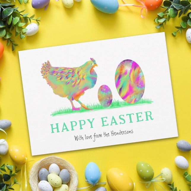 Happy Easter eggs chicken watercolor budget (Personalized happy Easter cute colorful hen and eggs watercolor holiday greetings card)