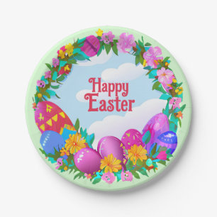 Happy Easter Eggs Floral Wreath Paper Plate