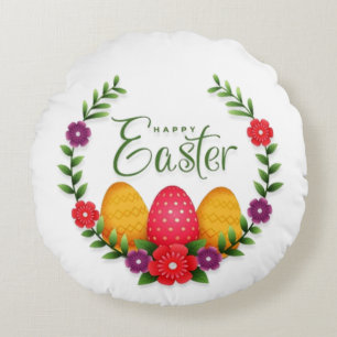 Happy Easter Eggs Flowers-23798 Round Pillow