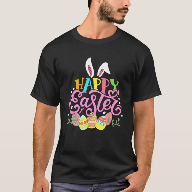 Happy Easter Eggs Hunting Cute Bunny Ear Rabbit  E T-Shirt (Front)