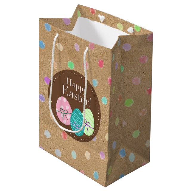 Happy Easter Eggs Polkadots On Faux Kraft Paper Medium Gift Bag (Front Angled)
