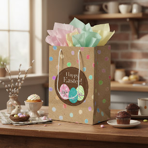 Happy Easter Eggs Polkadots On Faux Kraft Paper Medium Gift Bag