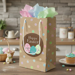 Happy Easter Eggs Polkadots On Faux Kraft Paper Small Gift Bag