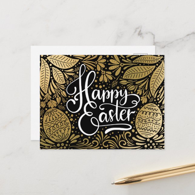 Happy Easter Elegant Boho Black and Gold Postcard (Front/Back In Situ)
