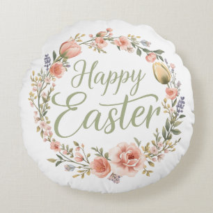 Happy Easter Elegant Floral  Round Pillow