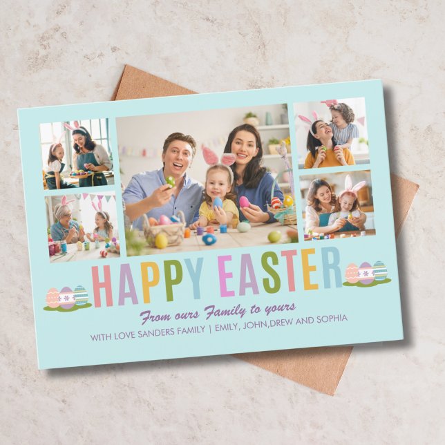 Happy Easter Family Photo College Blue Invitation (Creator Uploaded)