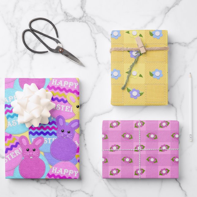 Happy Easter Felt Look Bunnies Eggs and Patterns  Wrapping Paper Sheet (Front)