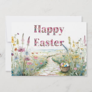 Happy Easter Field Wildflowers Easter Egg Basket Holiday Card