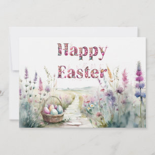 Happy Easter Field Wildflowers Easter Egg Basket Holiday Card