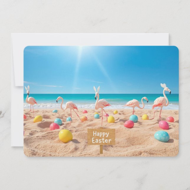 Happy Easter Flamingo Easter Egg Hunt on Beach Holiday Card (Front)