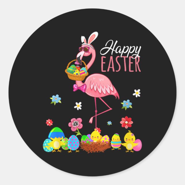 Happy Easter Flamingo With Easter Egg Bysket Hunti Classic Round Sticker (Front)