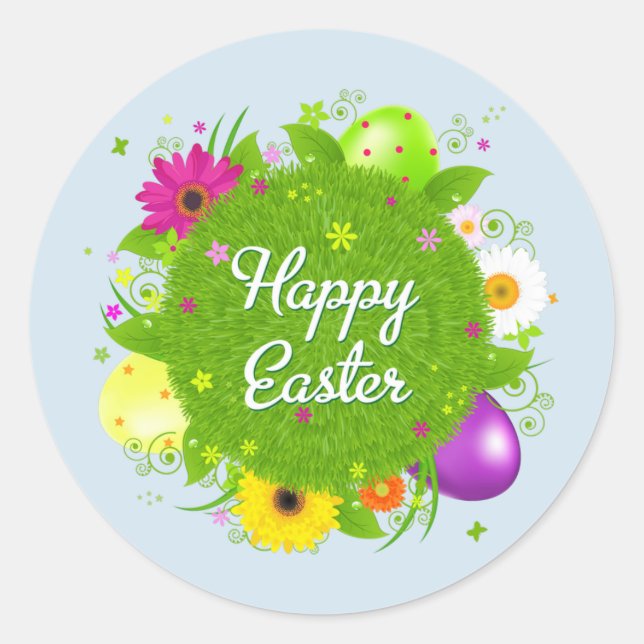 Happy Easter floral and text background Classic Round Sticker (Front)