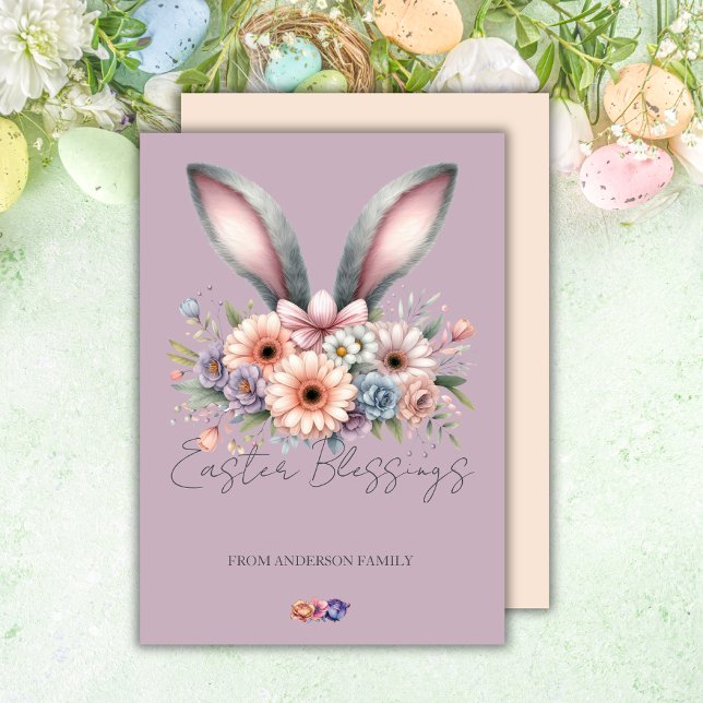 Happy Easter Floral Bunny Ears Family Name Holiday Card (Creator Uploaded)