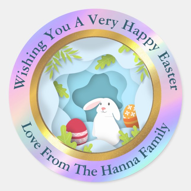 Happy Easter - Floral Bunny & Eggs Favour Classic Round Sticker (Front)