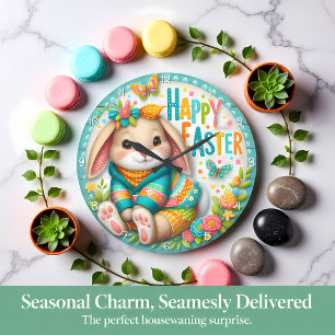 Happy Easter Floral Bunny Large Clock