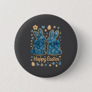 Happy Easter Floral Bunny Pair Cottage Denim Blue  2 Inch Round Button