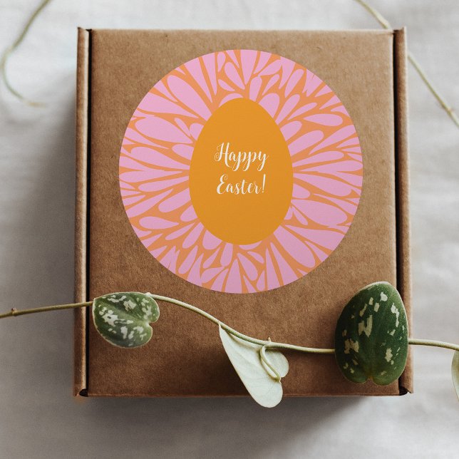 Happy Easter floral burst orange egg Classic Round Sticker (Creator Uploaded)