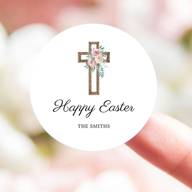 Happy Easter Floral Cross Classic Round Sticker (Creator Uploaded)