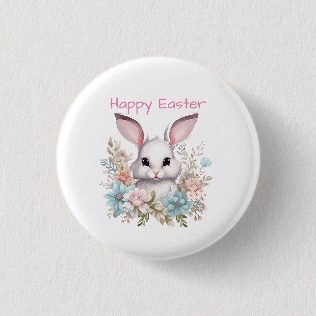 Happy Easter Floral Easter Bunny Rabbit 1 Inch Round Button (Front)