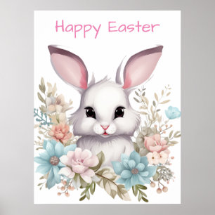 Happy Easter Floral Easter Bunny Rabbit Poster